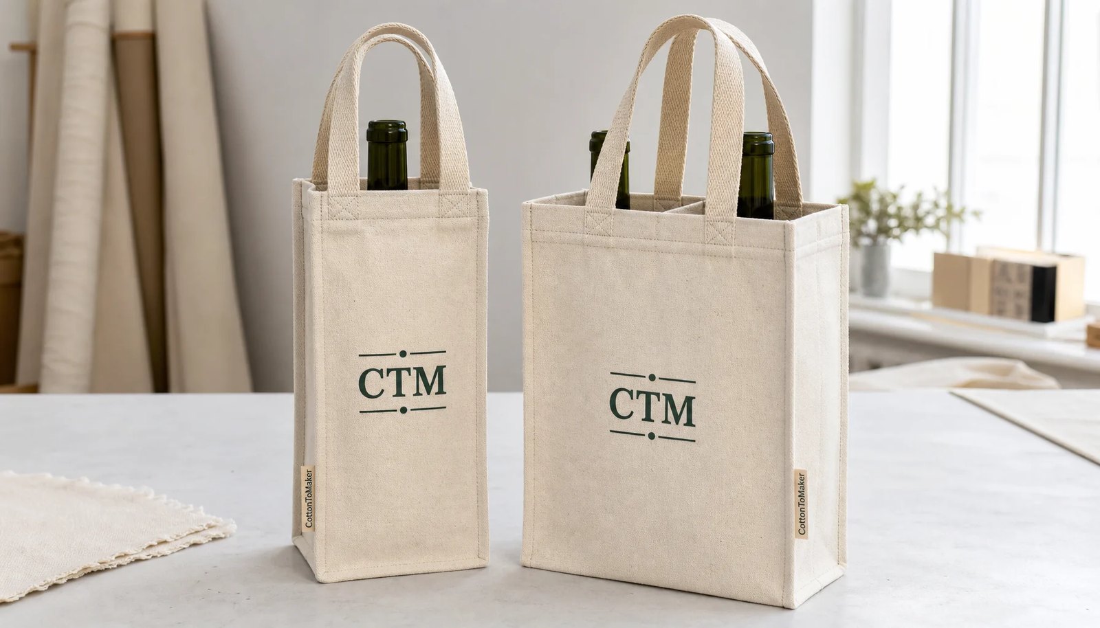 Custom canvas wine carriers with CTM sample logo and reinforced stitching in a clean factory sample room