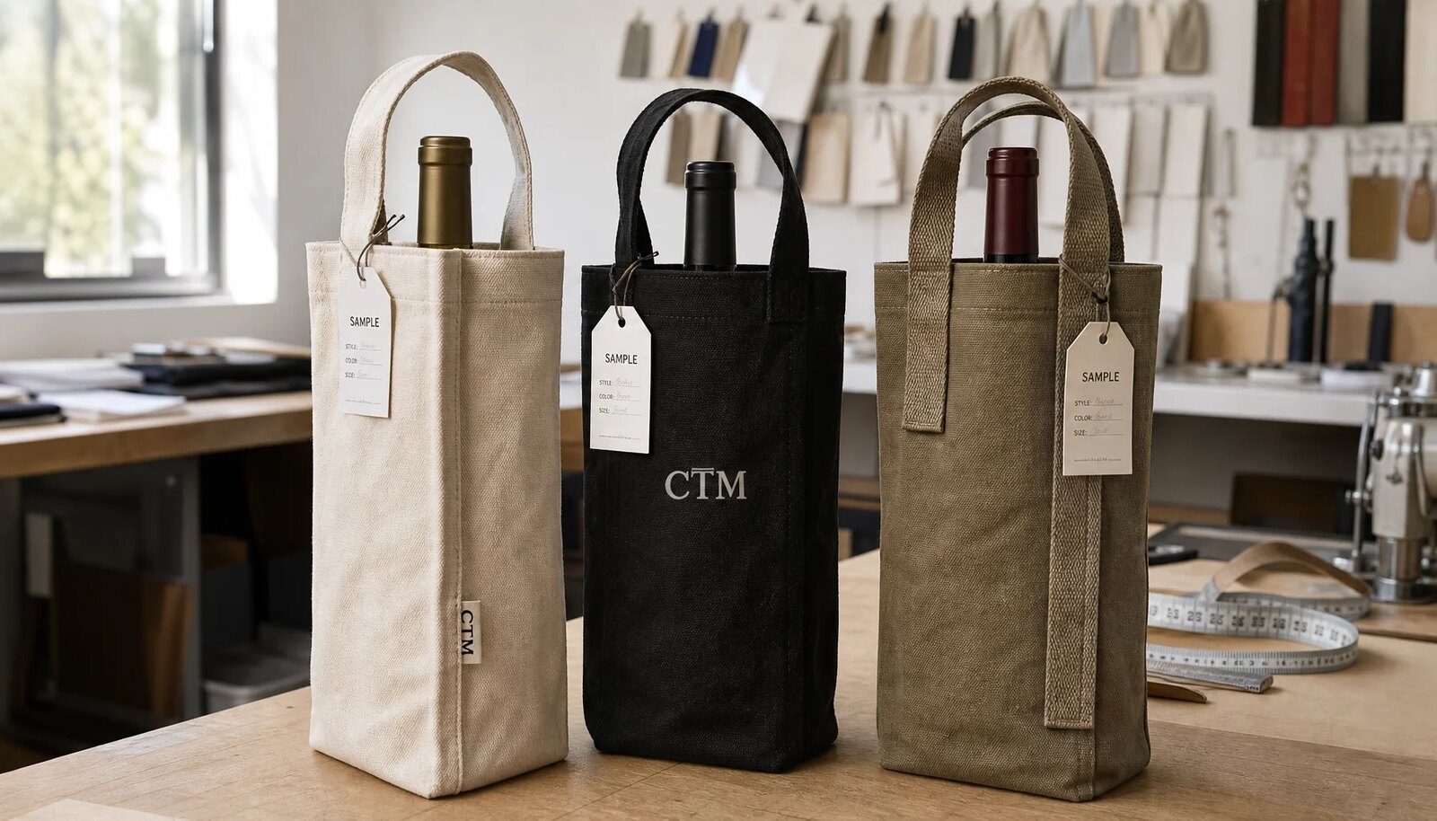 Photorealistic custom canvas wine carriers with a simple CTM sample logo in a factory sample room.