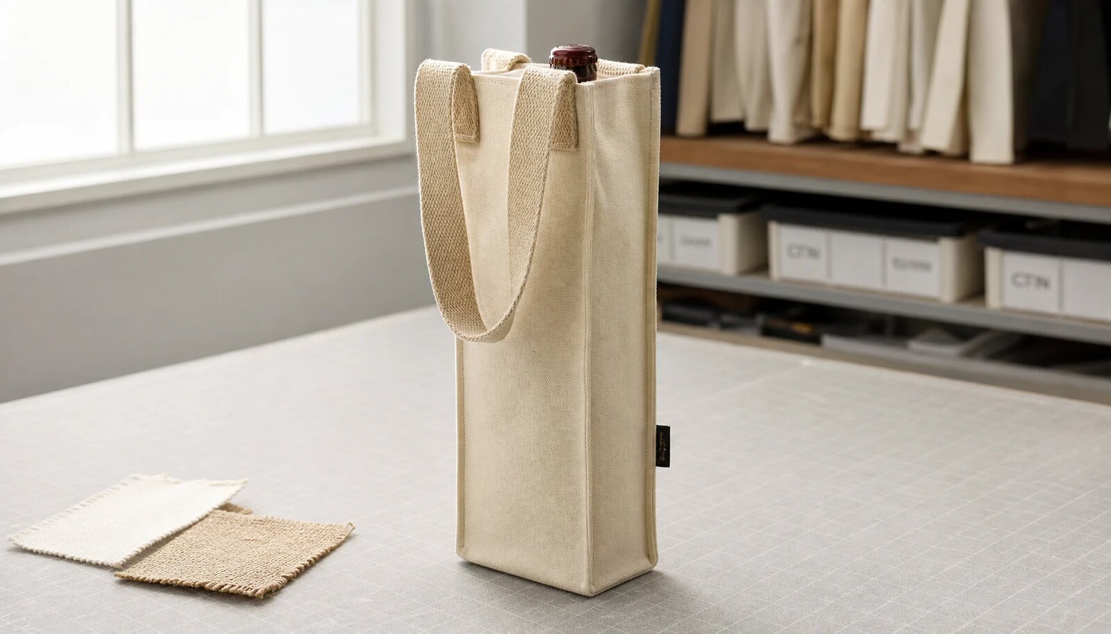 Photorealistic canvas wine carrier sample with a CTM side label in a factory sample room.