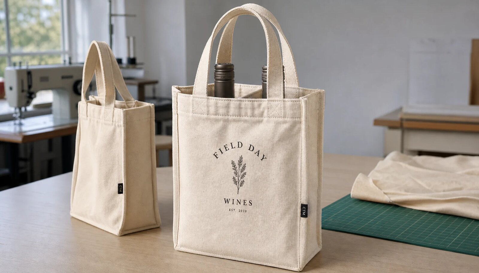 Photorealistic canvas wine carrier sample with a small CTM woven side label and printed front logo in a factory sample room