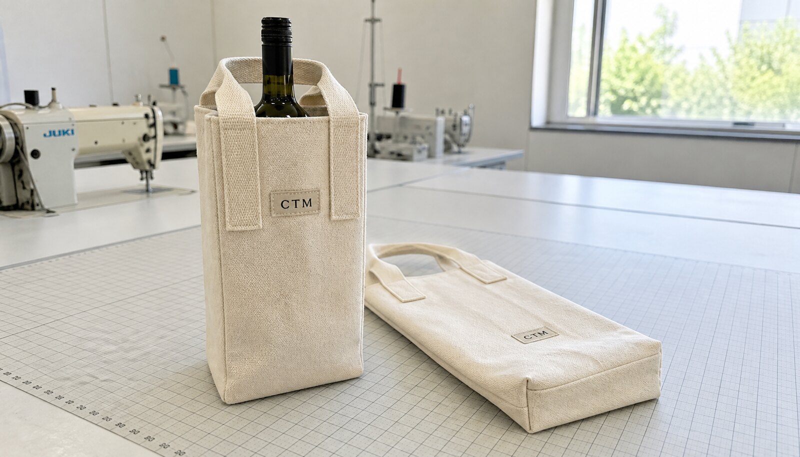 Photorealistic custom canvas wine carrier with a stitched CTM sample logo in a factory sample room