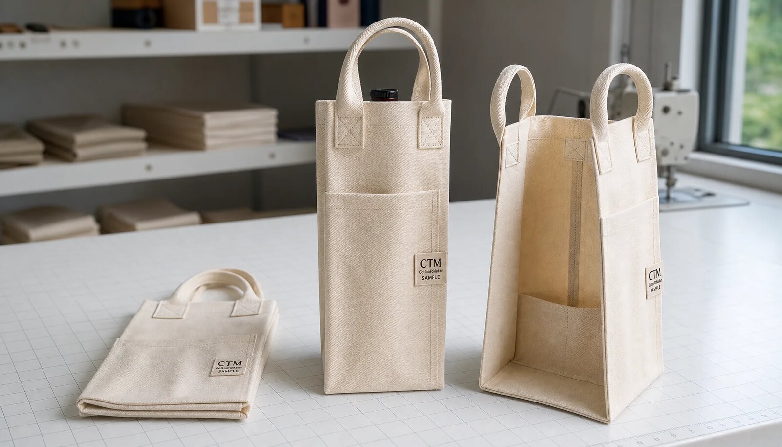 Canvas wine carrier sample with a visible CTM / CottonToMaker label in a clean studio
