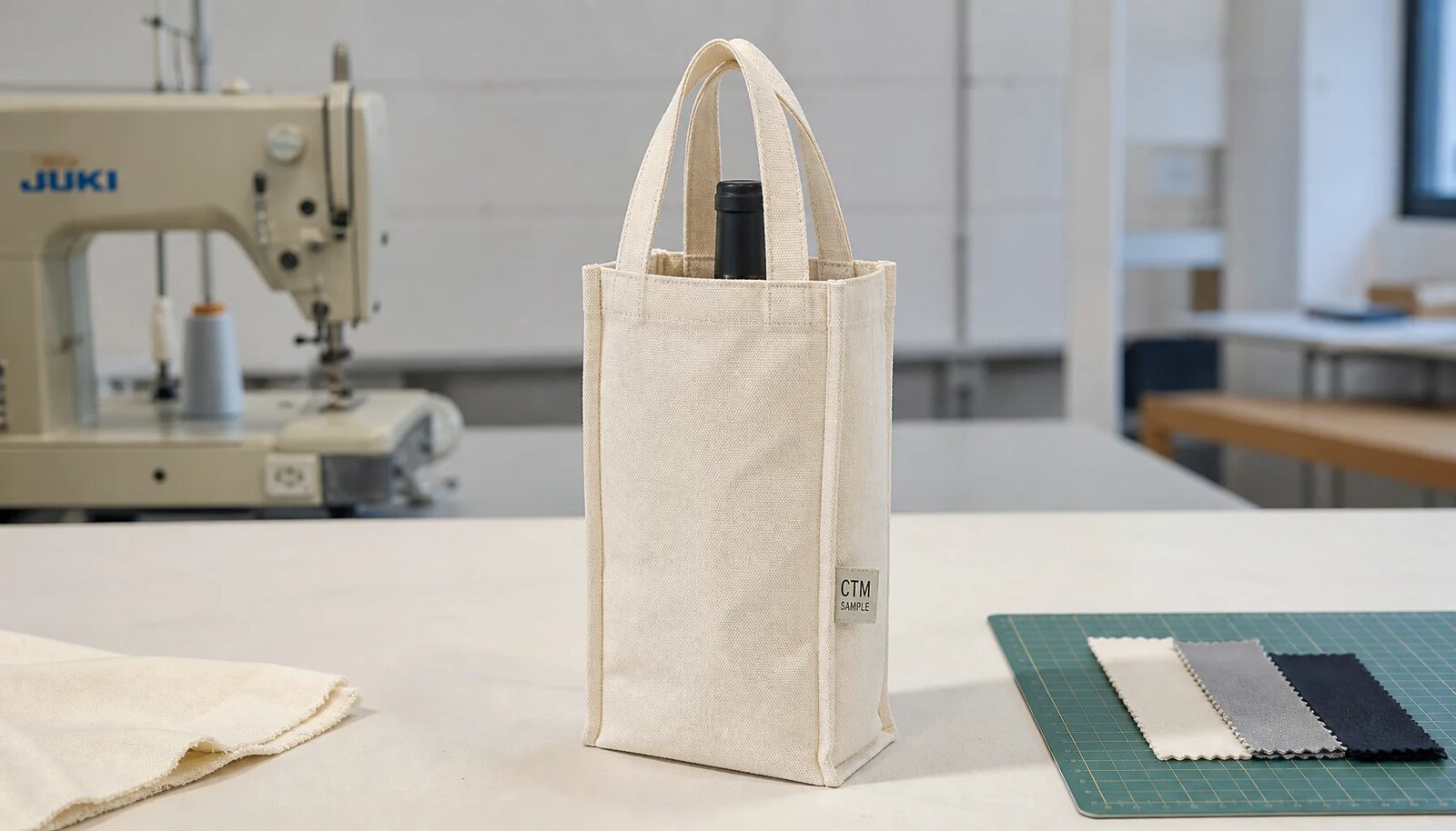 Photorealistic custom canvas wine carrier with a CTM sample logo in a factory sample room