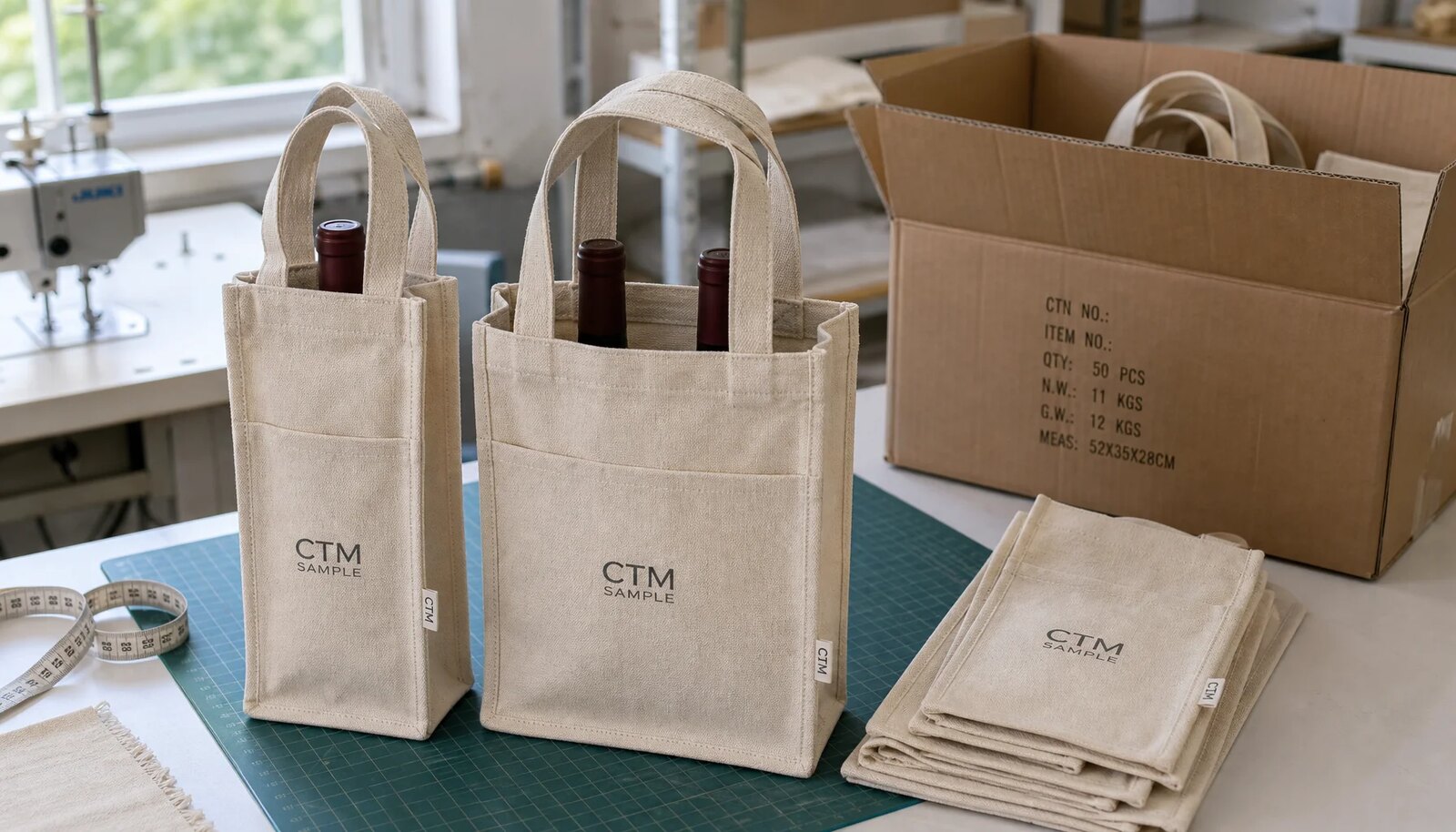 Custom canvas wine carriers with CTM sample logo arranged beside export carton in a factory sample room