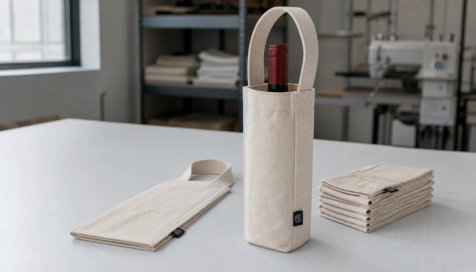 Photorealistic custom canvas wine carriers with a simple CTM logo in a factory sample room, shown carton-ready with a wine bottle.