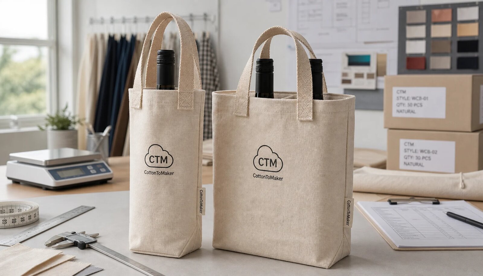 Custom canvas wine carriers with reinforced handles and CTM logo in a factory sample room