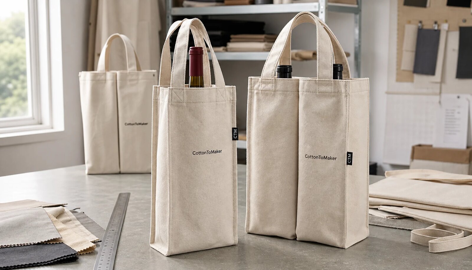 Custom canvas wine carriers with CTM logo sample in a factory sample room