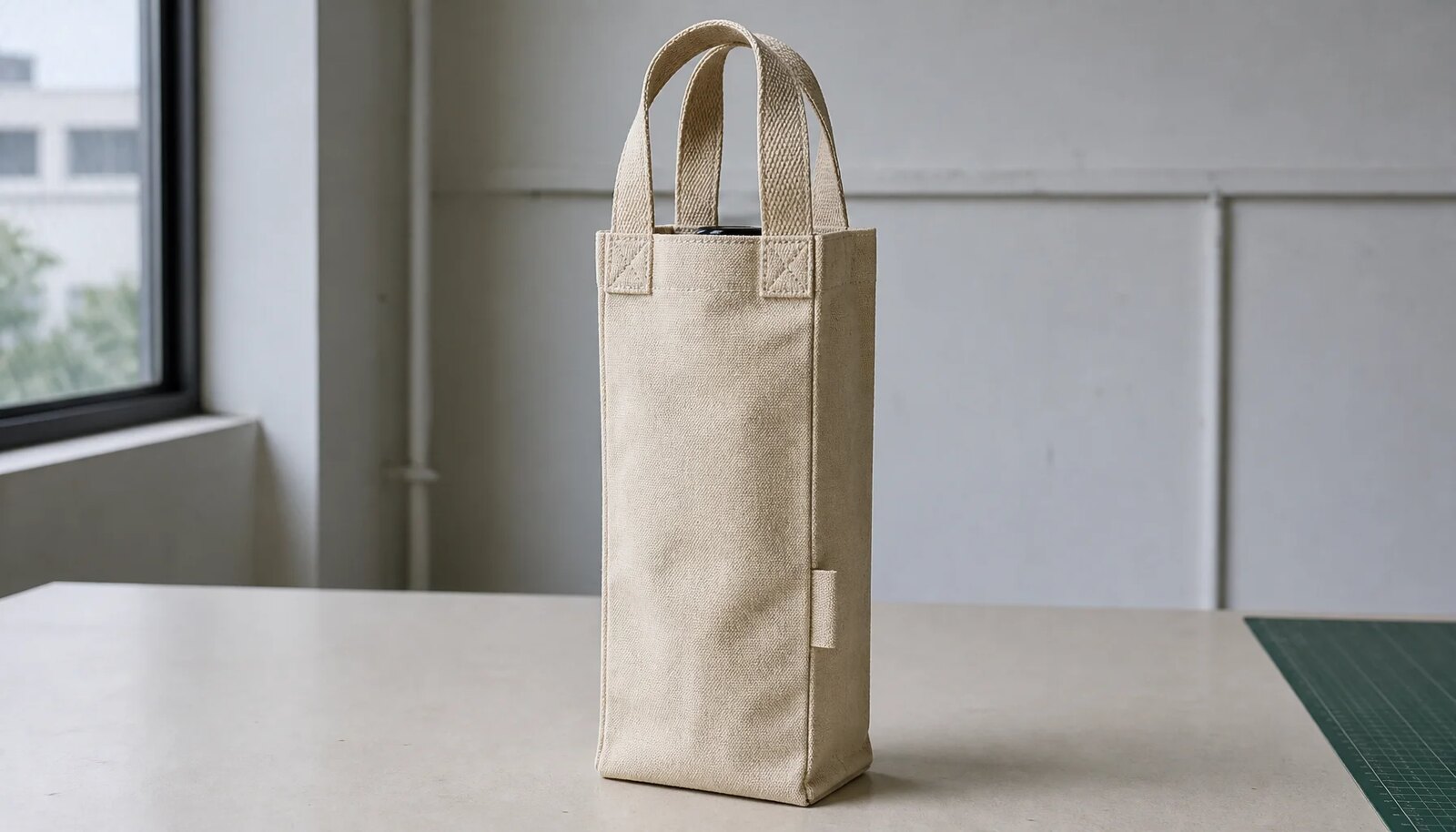 Natural canvas one-bottle wine carrier with reinforced handle stitching and a sewn CTM side label in a factory sample room.
