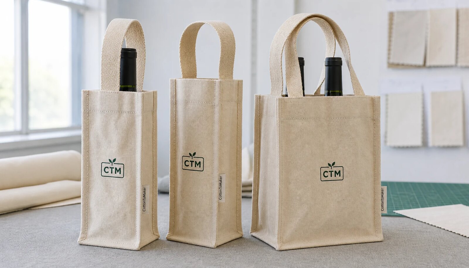 Custom canvas wine carriers with CTM printed logo and CottonToMaker side label on a clean studio table