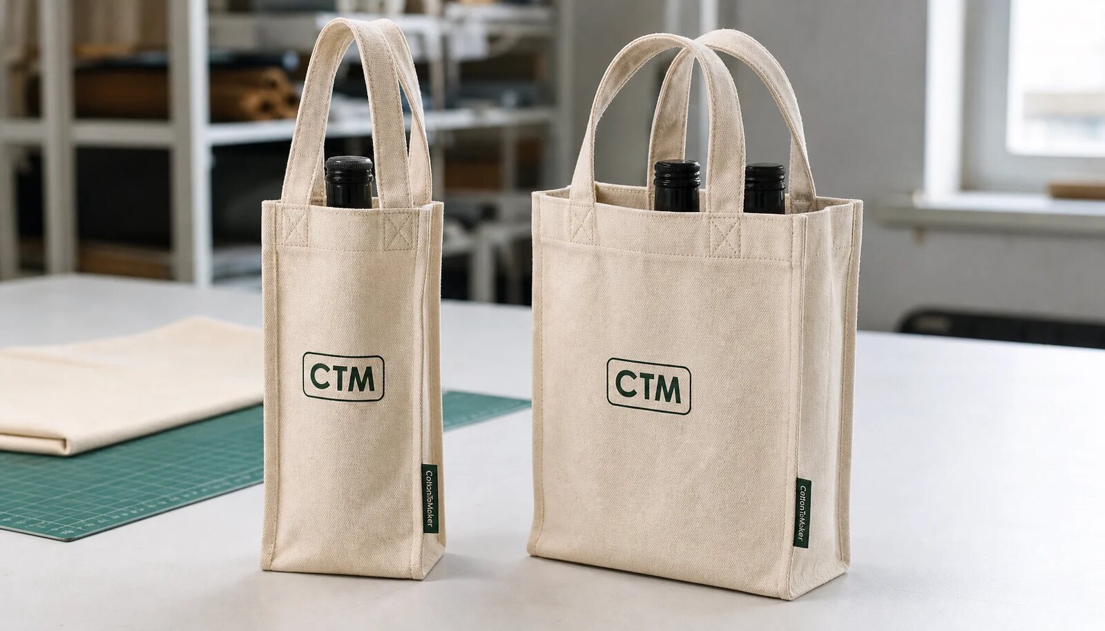 Custom canvas wine carriers with CTM logo in a clean studio sample room