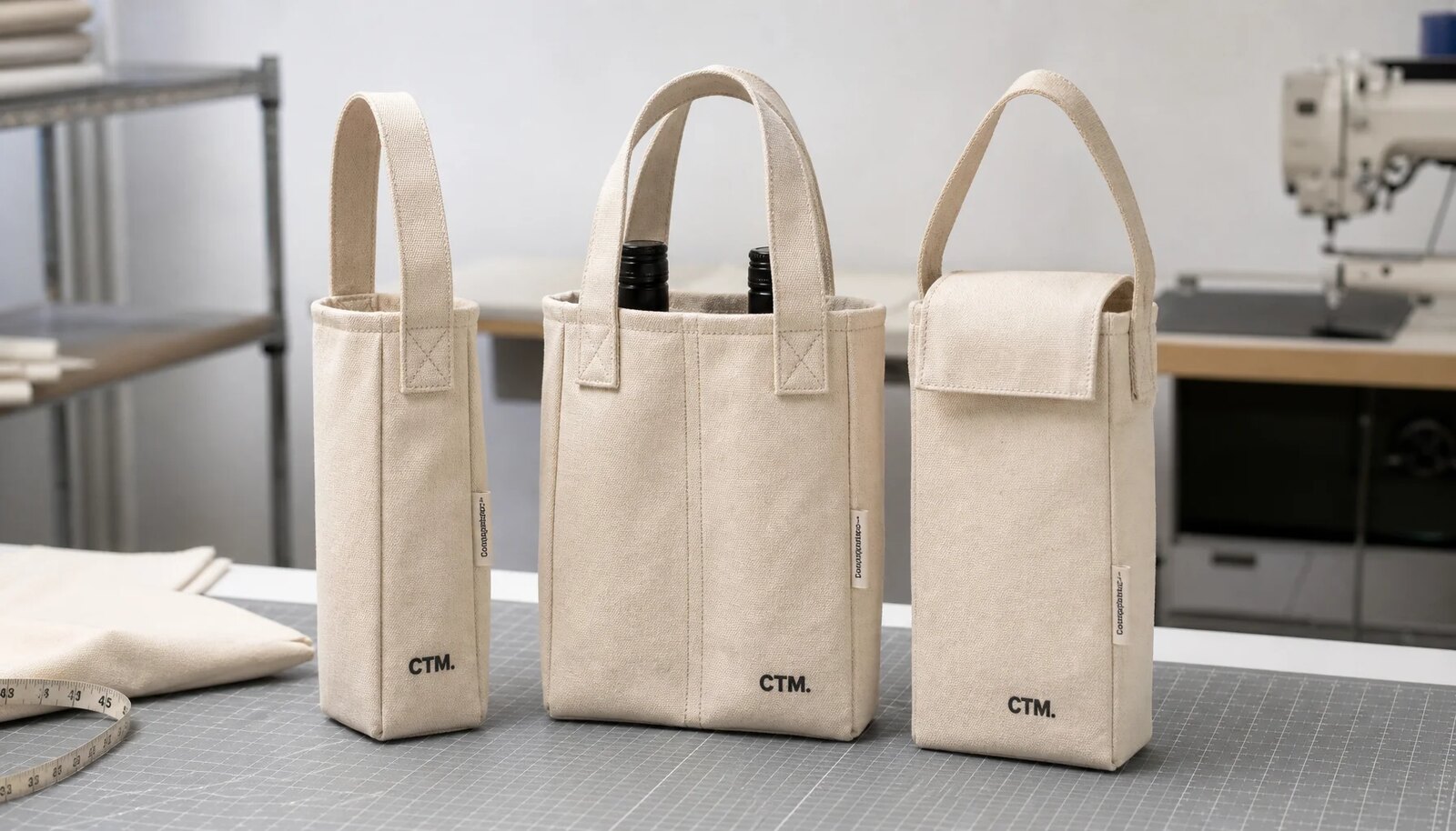 Natural canvas wine carriers with CTM printed logo and CottonToMaker side label in a factory sample room