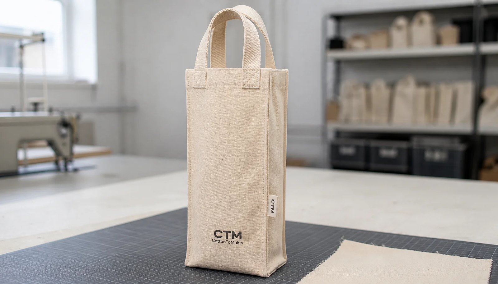Natural canvas wine carrier sample with a simple CTM logo printed on the front panel in a clean factory sample room.