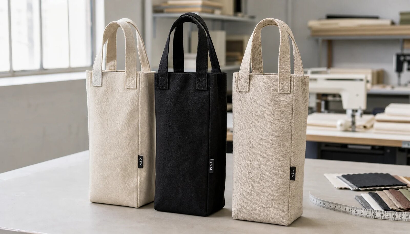 Custom canvas wine carriers with sewn CottonToMaker sample label in a factory sample room