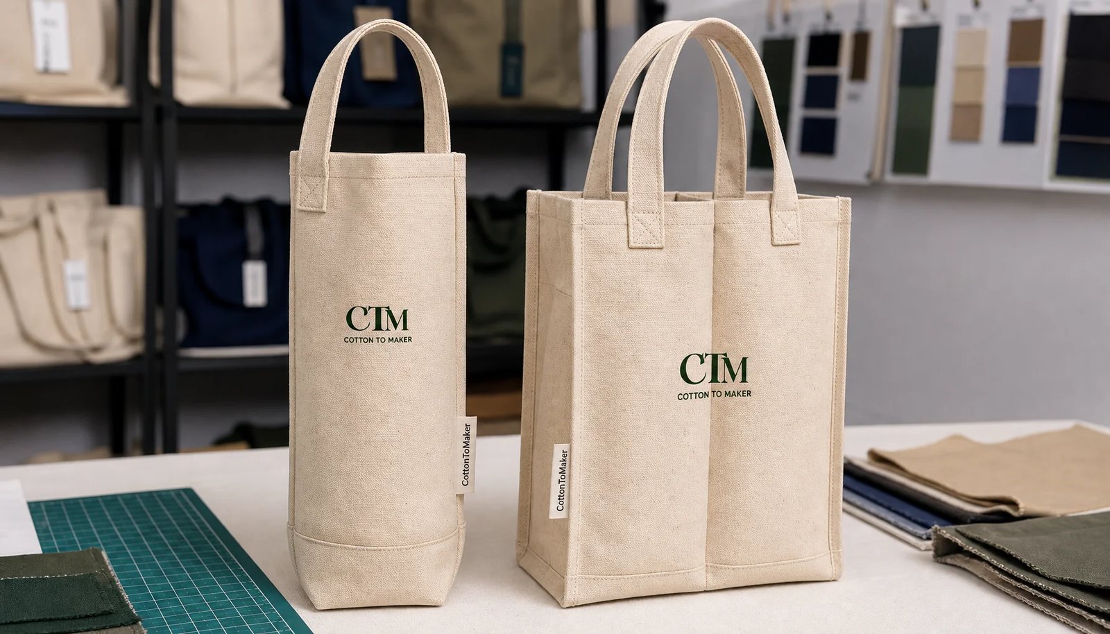 Natural canvas wine carrier samples with printed CTM logo and sewn CottonToMaker side label in a factory sample room