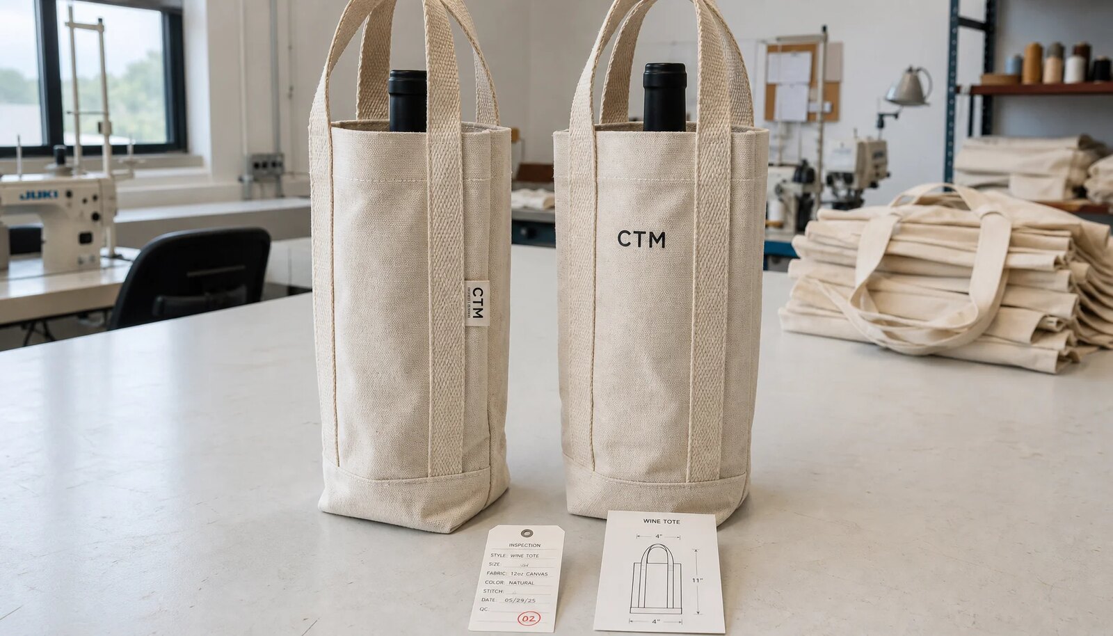 Photorealistic custom canvas wine carriers with a CTM sample logo in a factory sample room