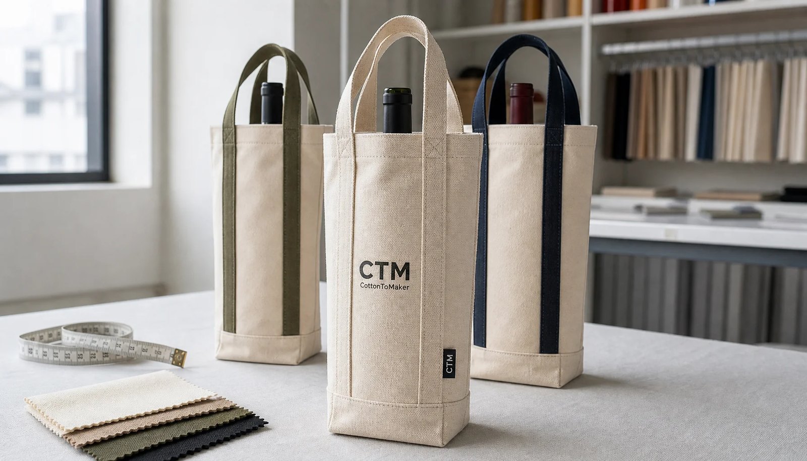 Photorealistic canvas wine carriers with a small CTM sample logo in a factory sample room