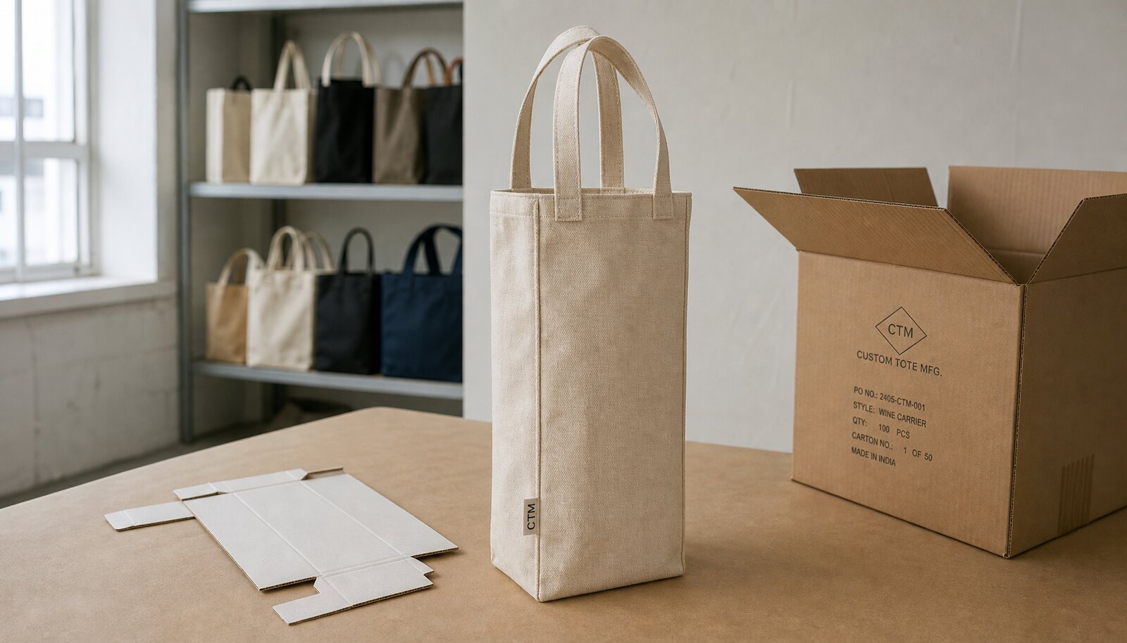 Photorealistic canvas wine carrier sample with a small CTM woven side label, shown beside packing materials in a clean sample room.