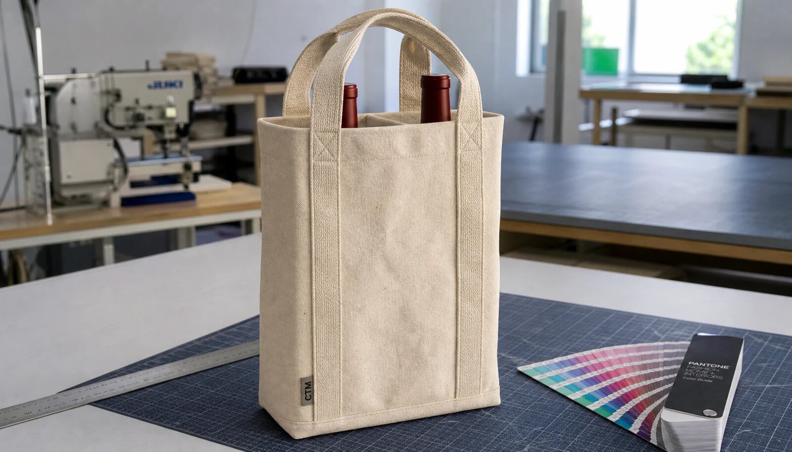 Photorealistic canvas wine carrier sample with a CTM CottonToMaker logo printed on the product in a factory sample room