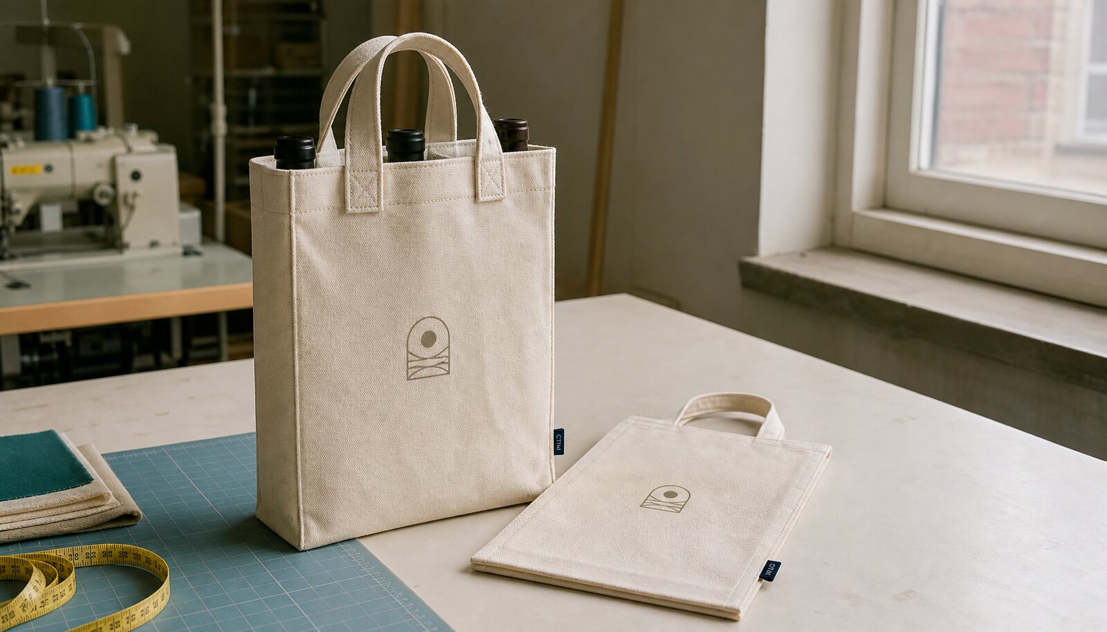 Photorealistic custom canvas wine carrier with a small CTM/CottonToMaker woven side label in a clean factory sample room