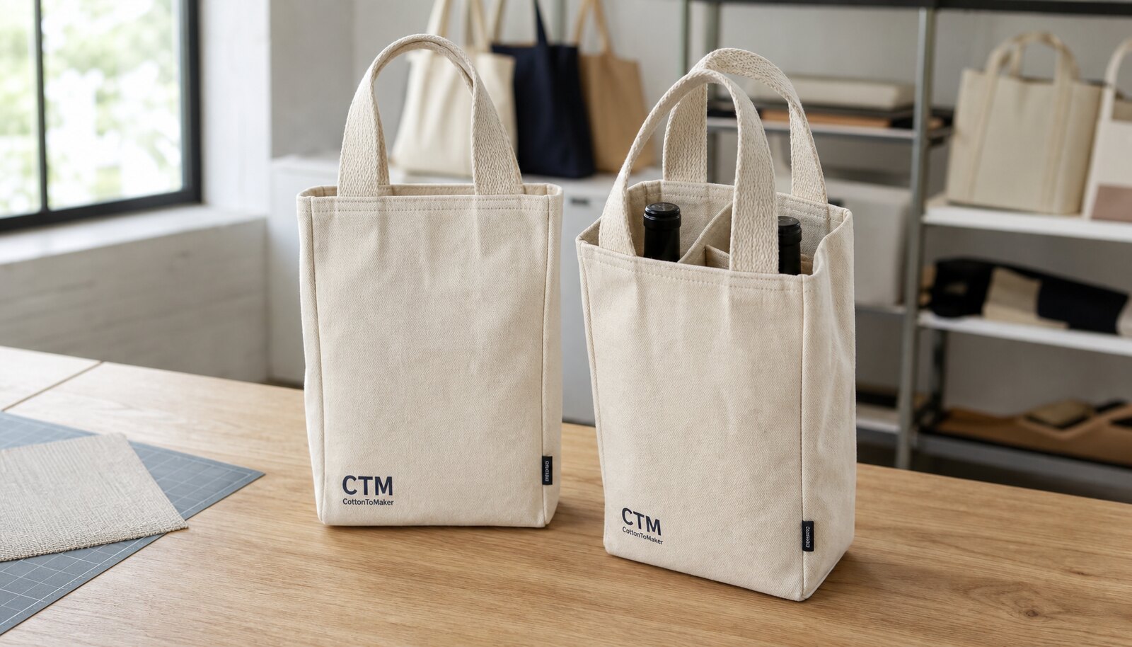 Two natural canvas wine carriers with a small CTM sample logo printed on the front and a woven side label in a factory sample room.