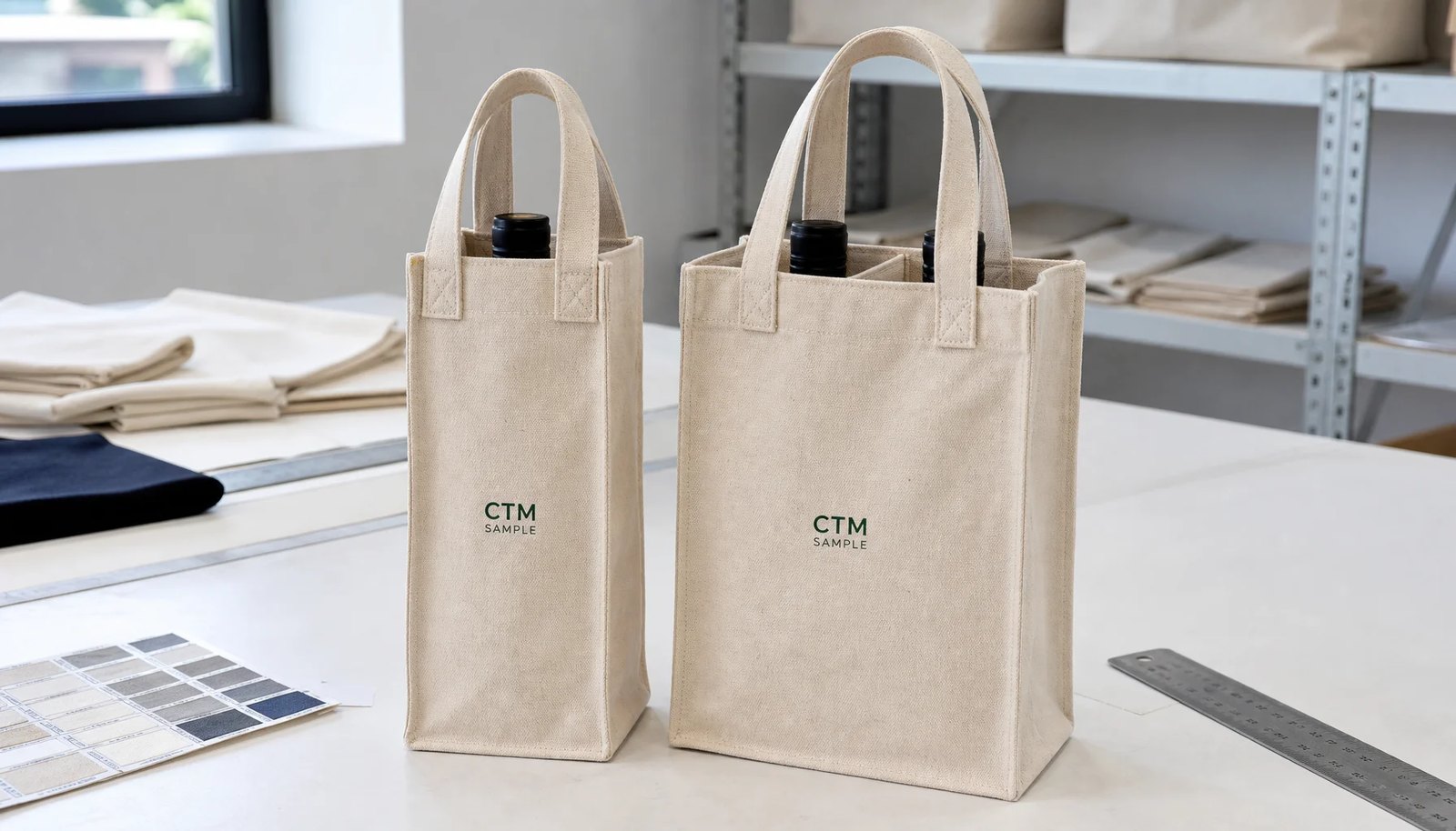 Custom canvas wine carriers with CTM logo print on a sample room table
