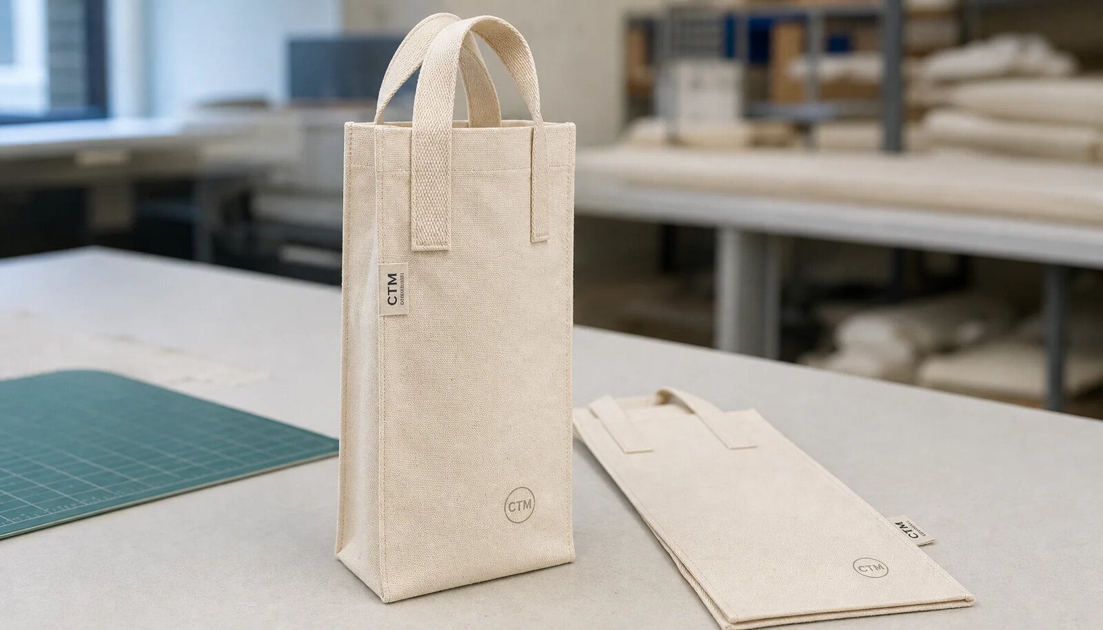 Custom canvas wine carrier with a small CTM CottonToMaker sample logo in a factory sample room