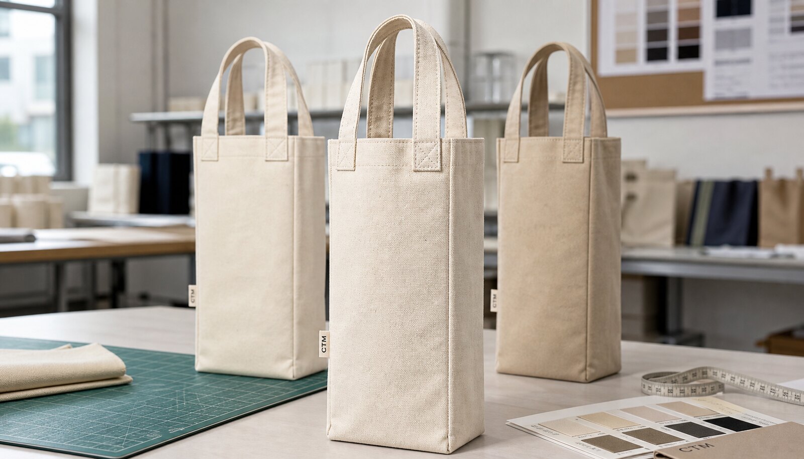 Custom canvas wine carriers with a small CTM sample logo shown in a factory sample room