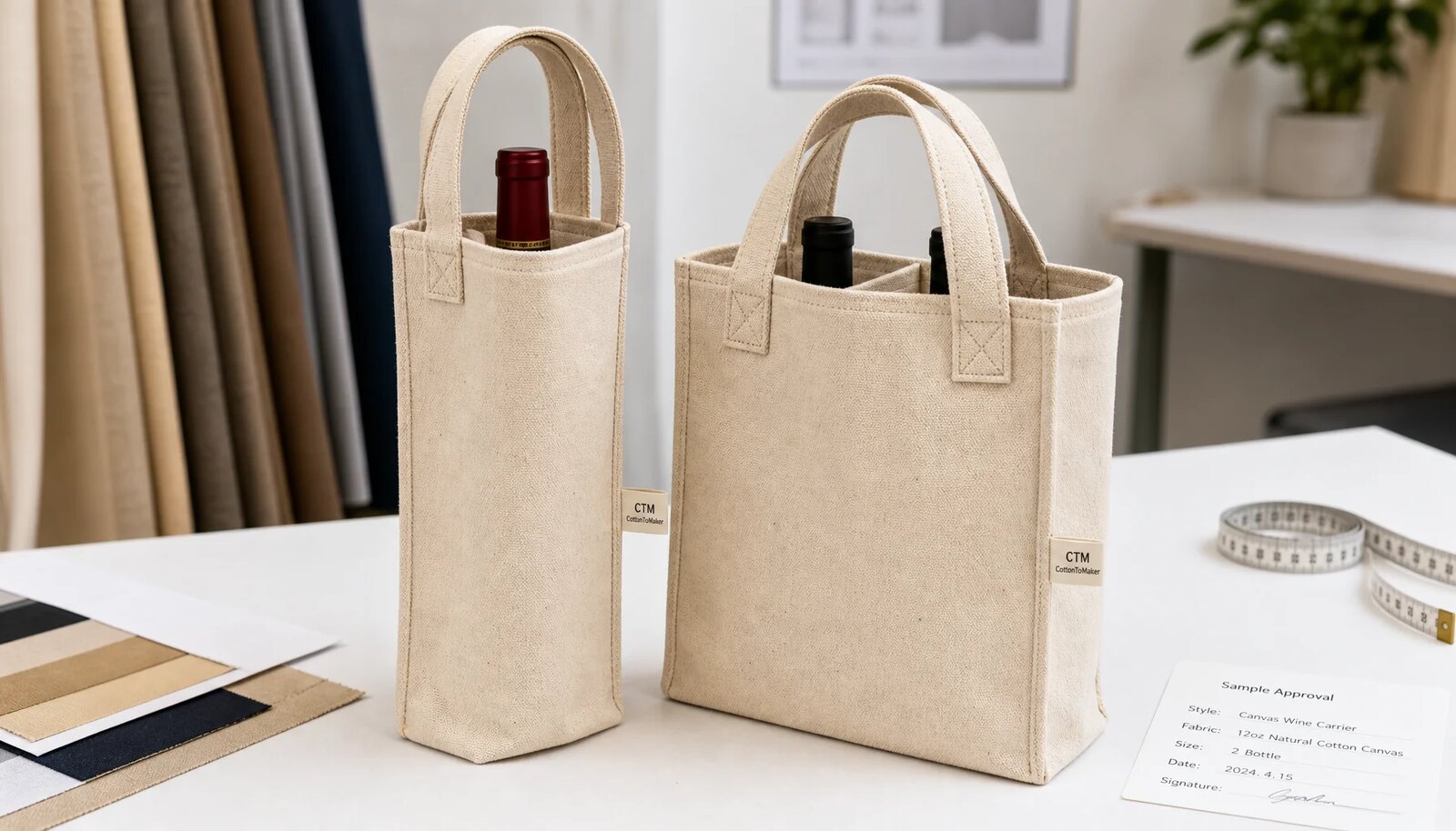 Custom canvas wine carriers with CTM CottonToMaker side label in a factory sample room