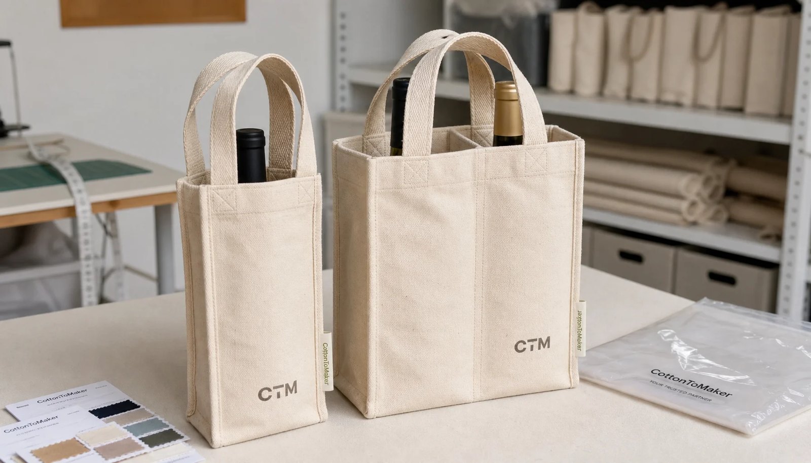 Custom canvas wine carriers with CTM sample logo and sewn CottonToMaker side label in a factory sample room
