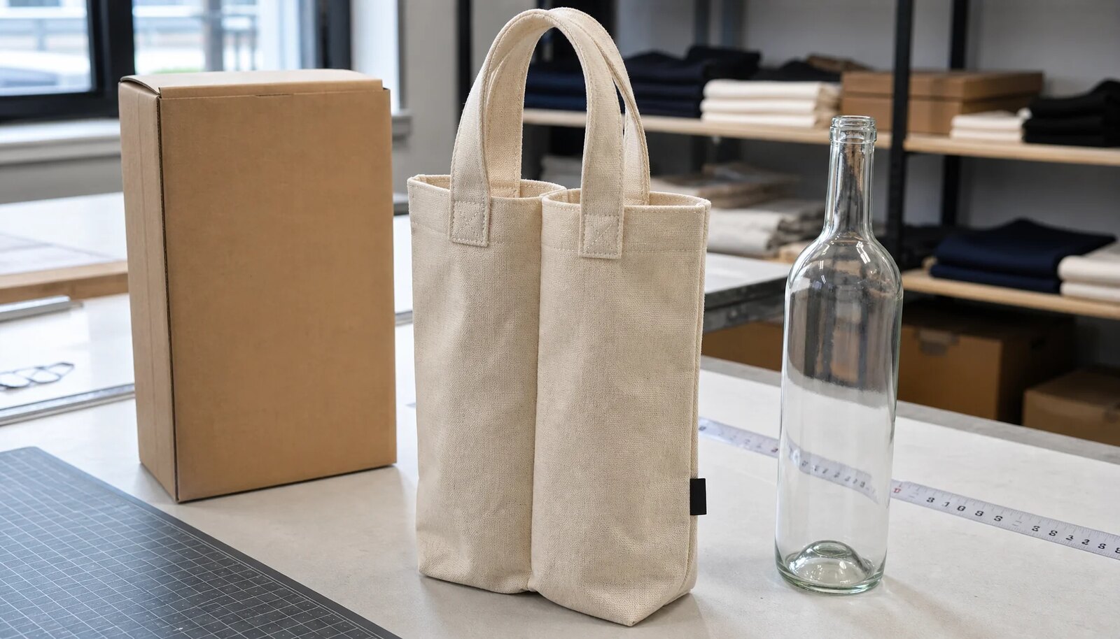 Folded custom canvas wine carrier with a CTM woven side label in a clean factory sample room.