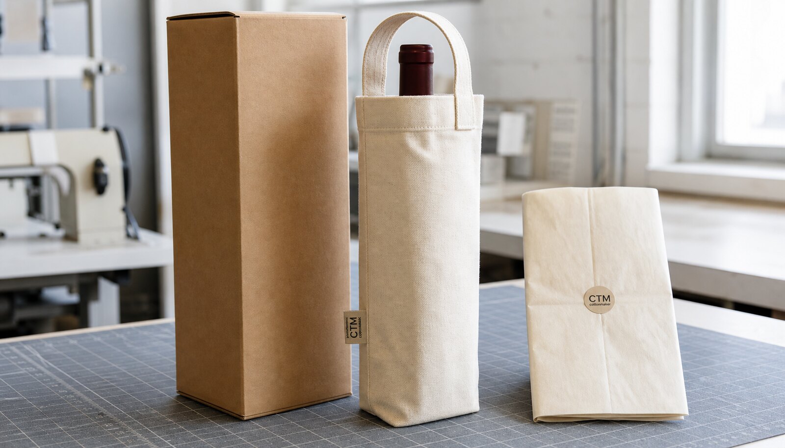 Custom canvas wine carrier with CTM side label beside a shipping carton in a factory sample room