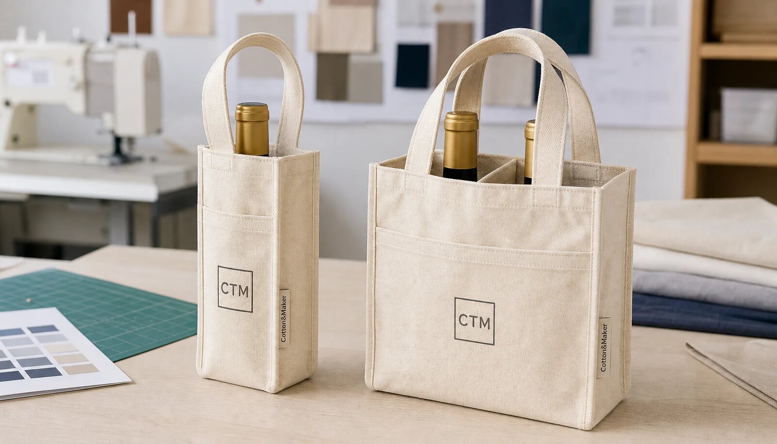 Custom canvas wine carriers with CTM printed logo and CottonToMaker woven side label in a factory sample room