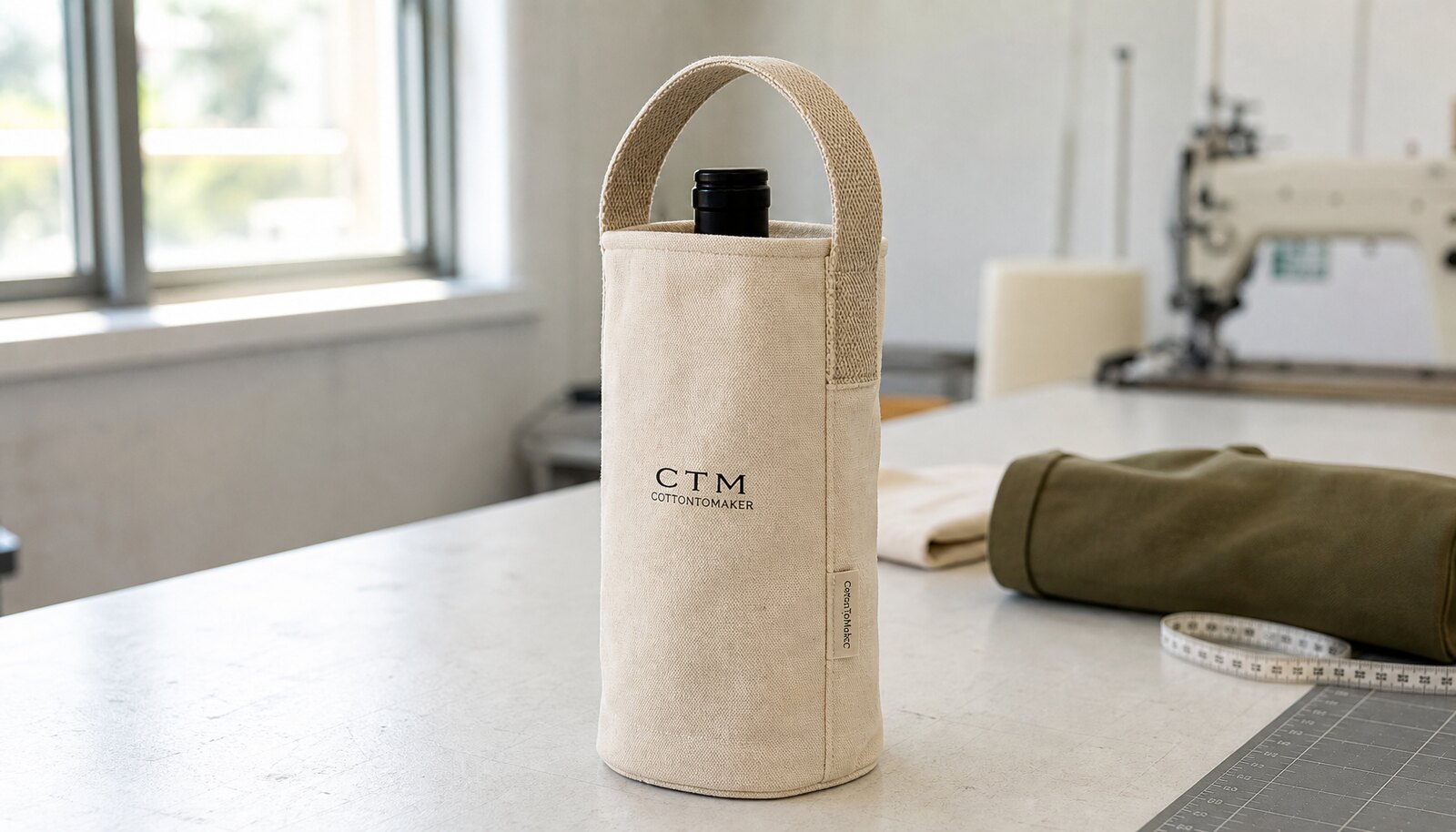 Natural canvas wine carrier with a simple CottonToMaker sample logo in a factory sample room