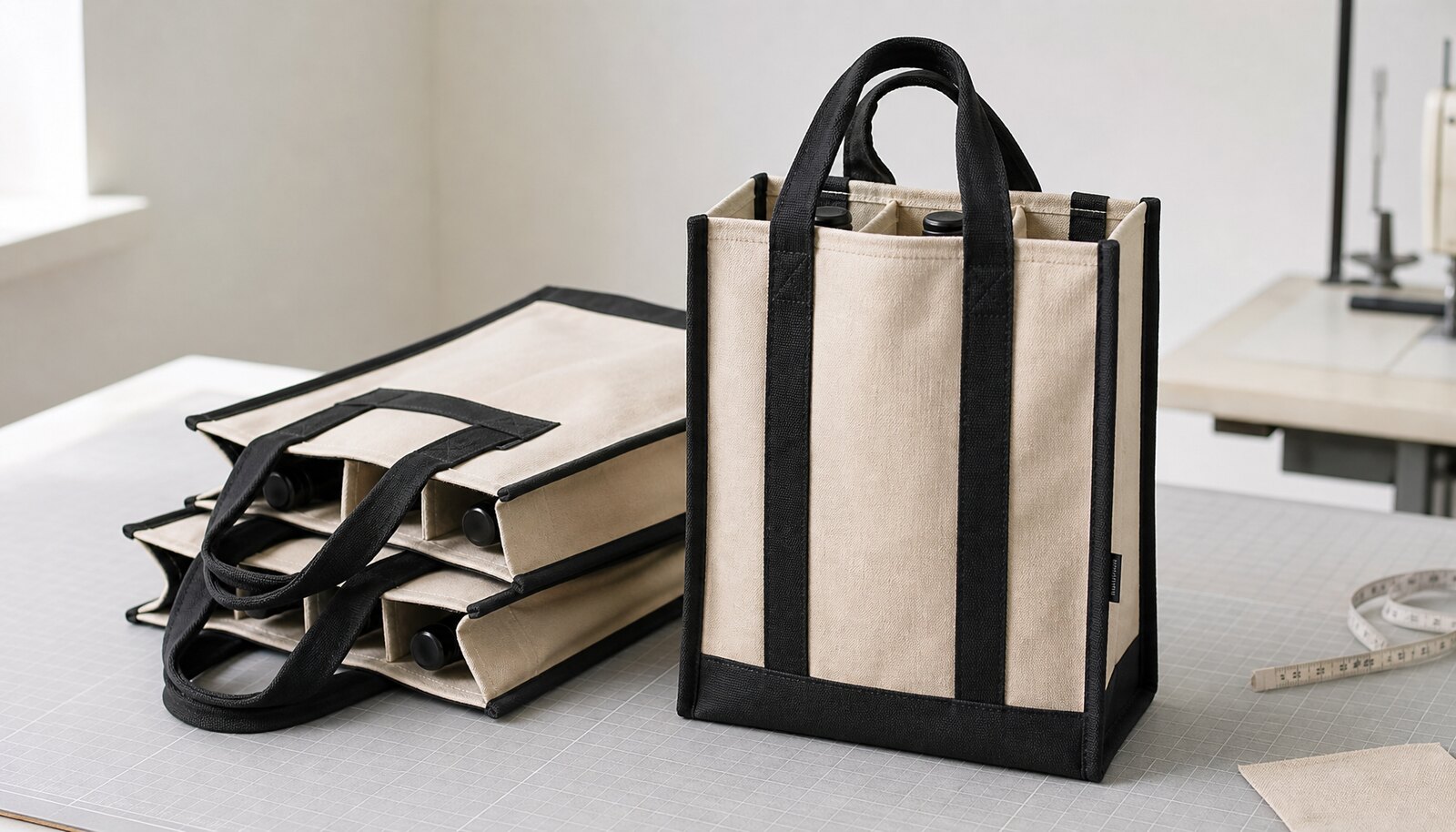 Custom canvas wine carrier with a stitched CottonToMaker sample label in a clean factory sample room