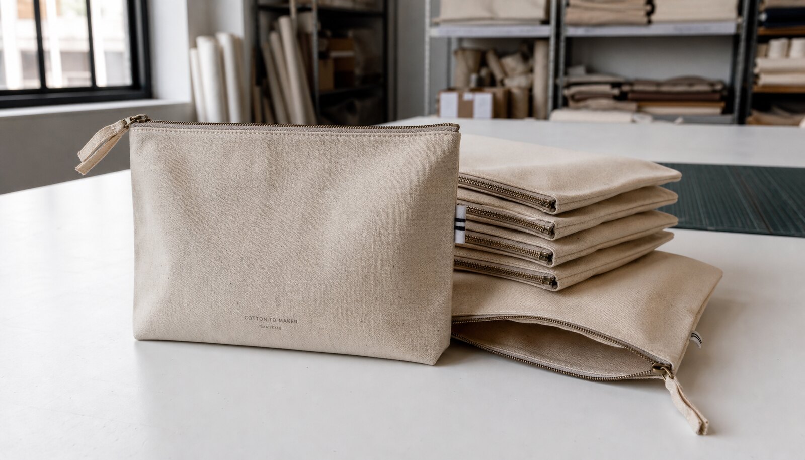 Photorealistic custom canvas zipper bag with a simple CTM logo printed on the bag in a factory sample room.