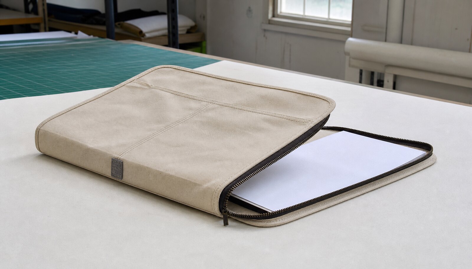Custom canvas zipper portfolio with a stitched CottonToMaker sample label in a factory sample room