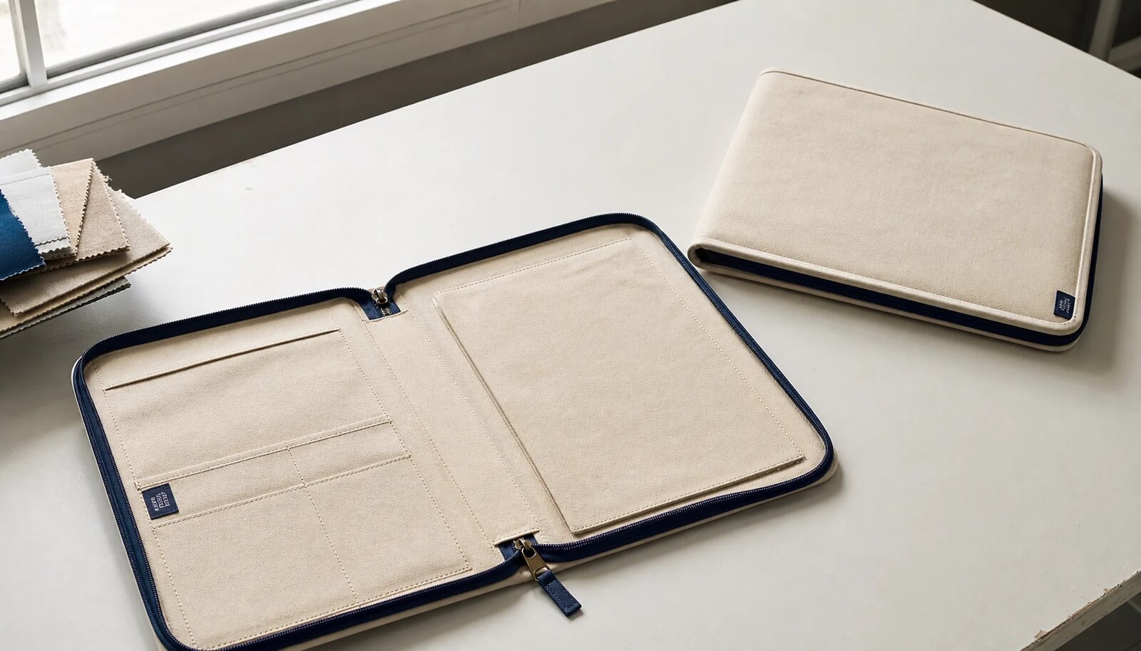 Photorealistic canvas zipper portfolio on a sample-room table with a stitched CTM/CottonToMaker side label and visible zipper detail.