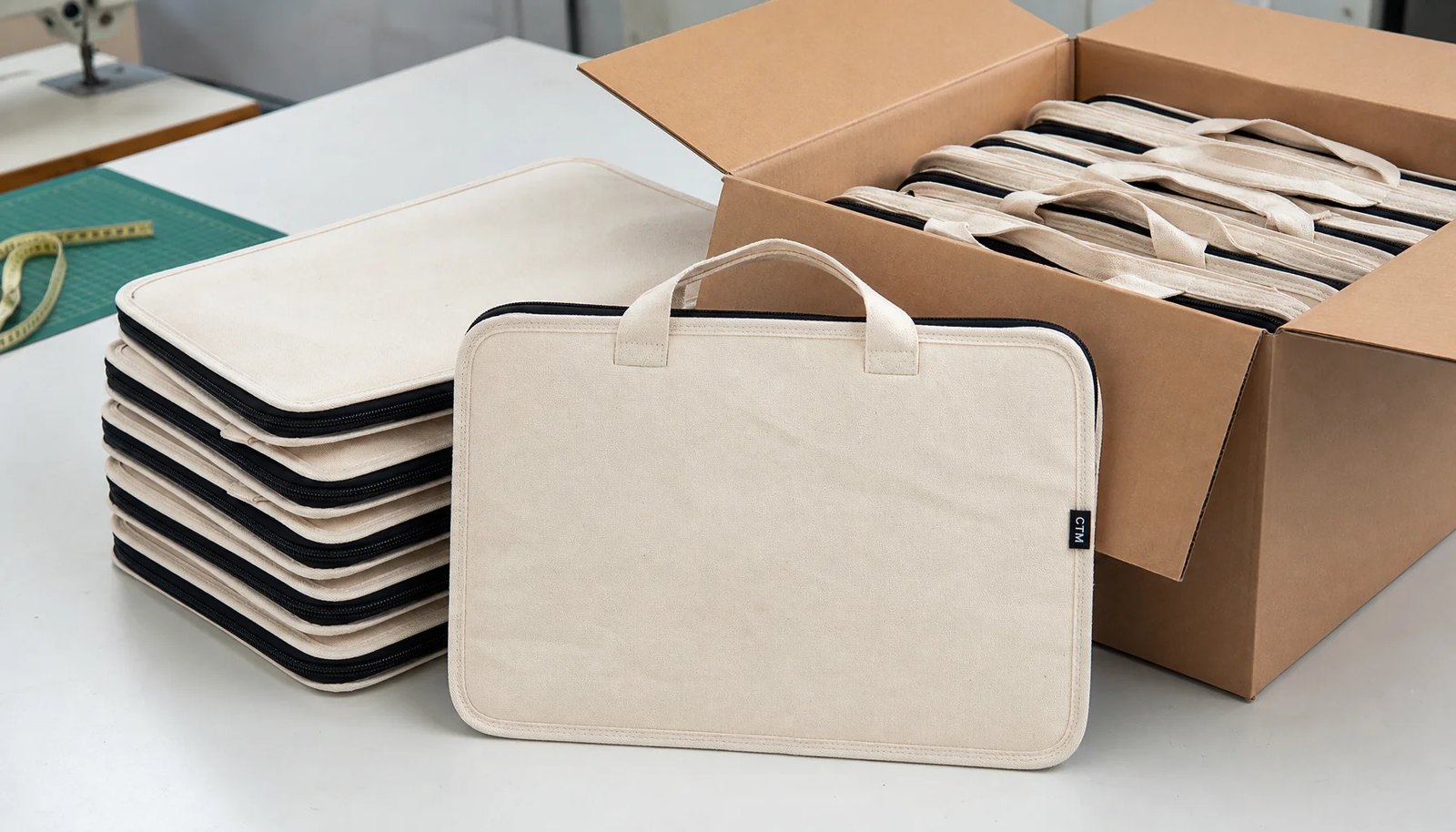 Custom canvas zipper portfolios with CTM woven side label packed beside an export carton