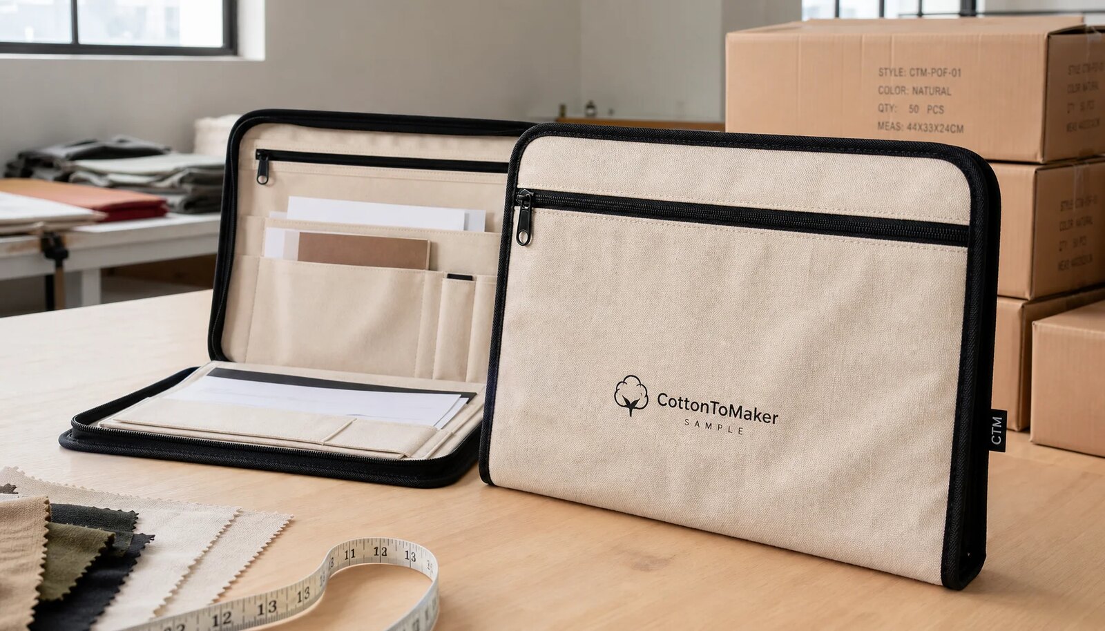 Custom canvas zipper portfolio sample with CTM label in a factory sample room beside flat-packed export cartons
