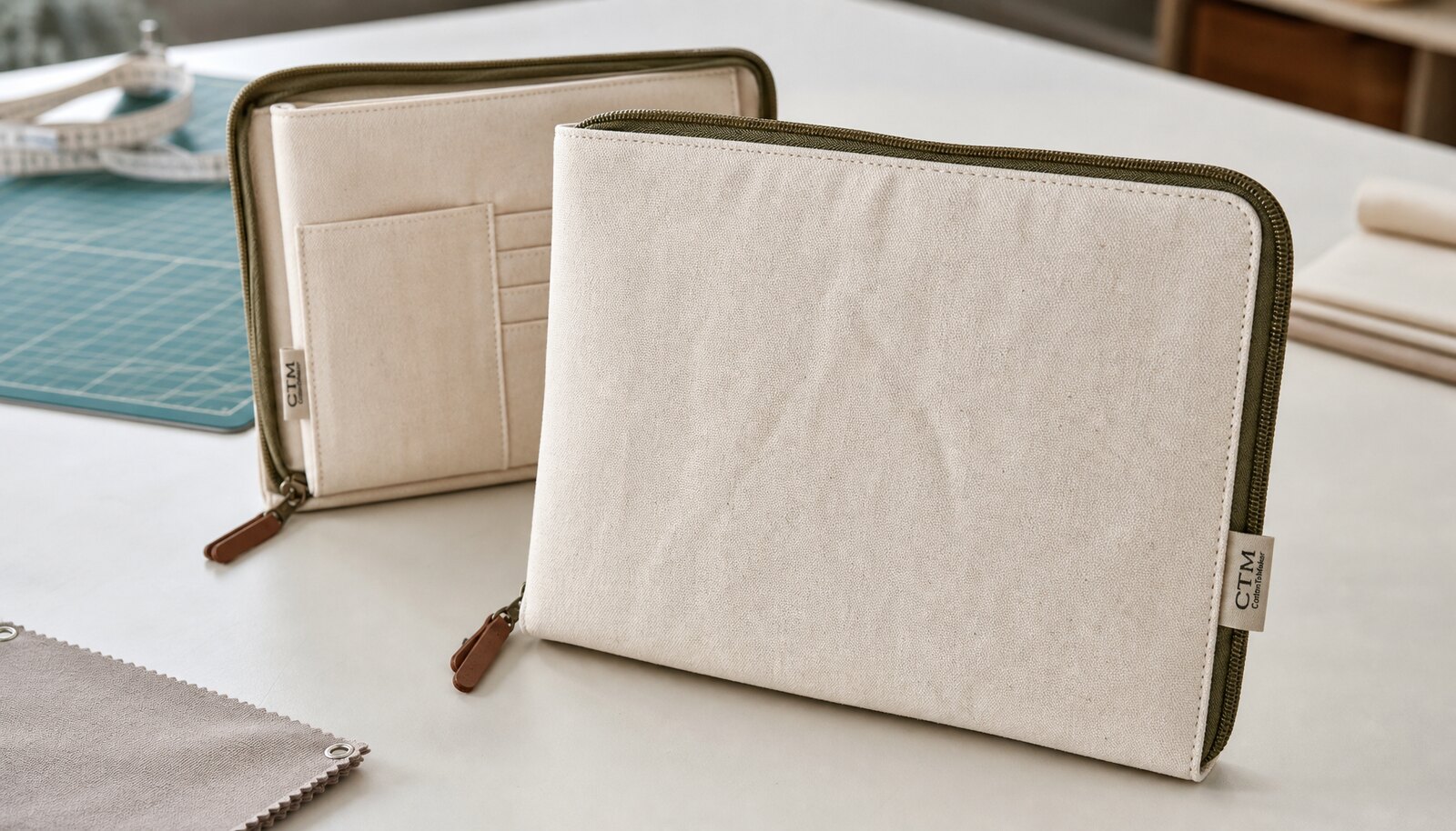 Photorealistic custom canvas zipper portfolios with a stitched CTM sample logo in a factory sample room.