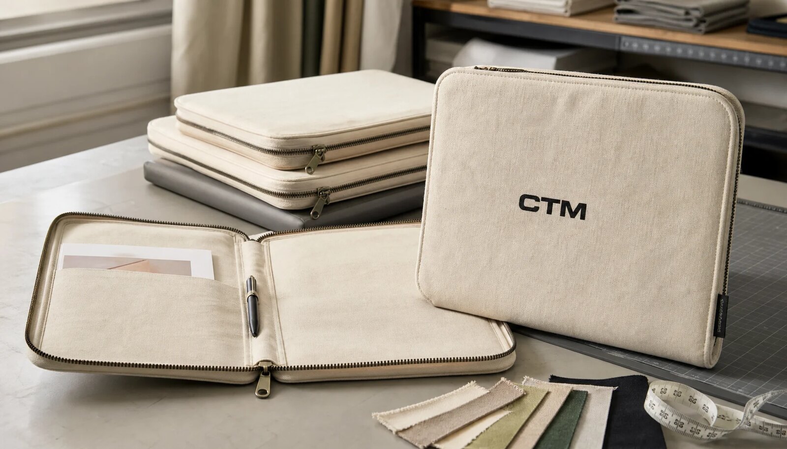 Custom canvas zipper portfolios with CTM printed logo in a clean studio sample room