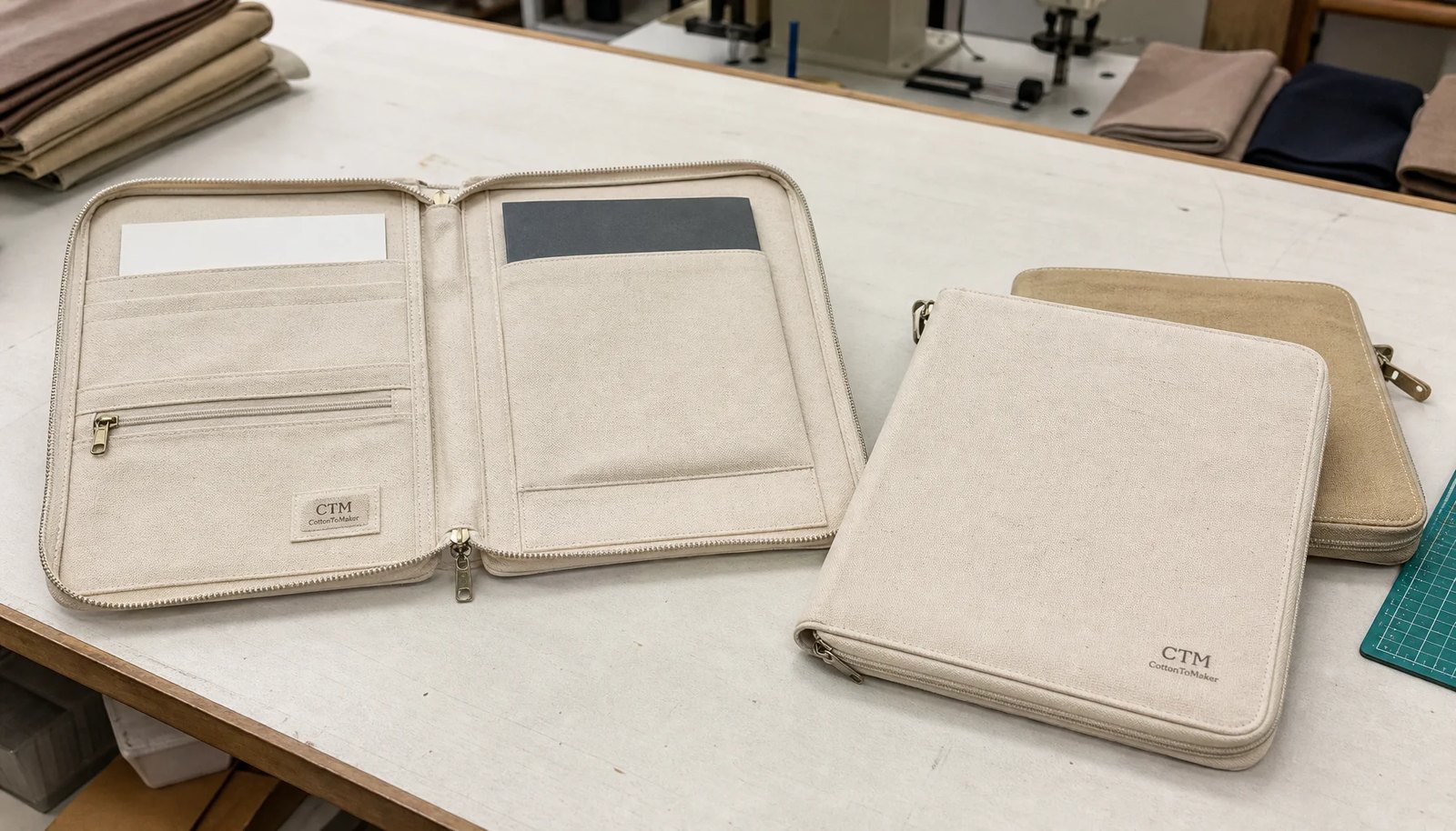 Custom canvas zipper portfolios with CTM sample logo displayed in a clean sample room for durability inspection