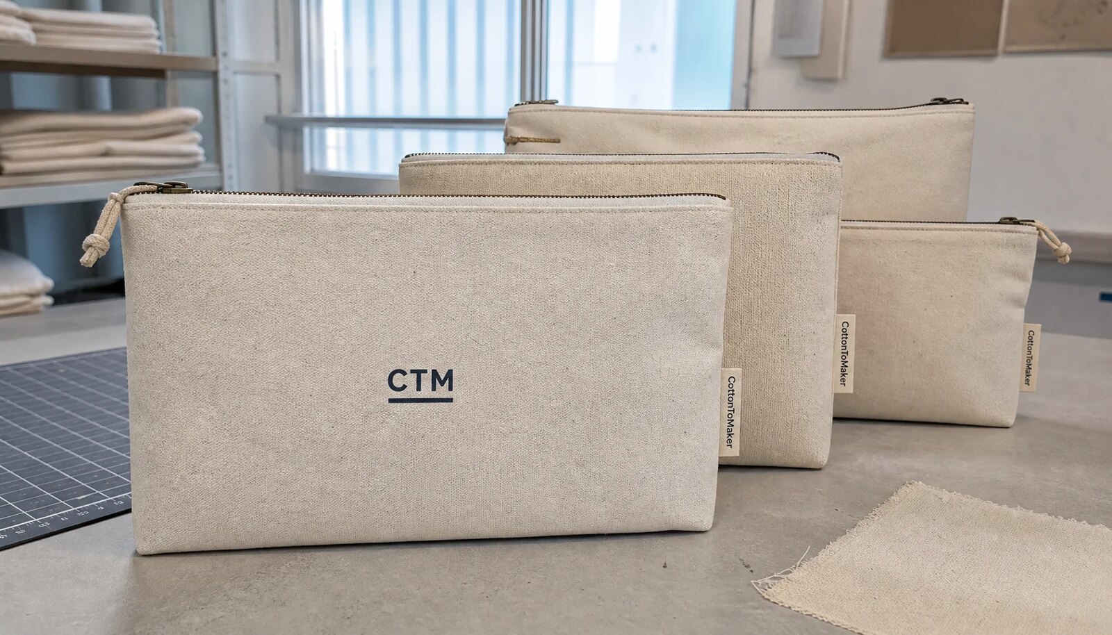 Custom canvas zipper portfolios with CTM logo in a factory sample room