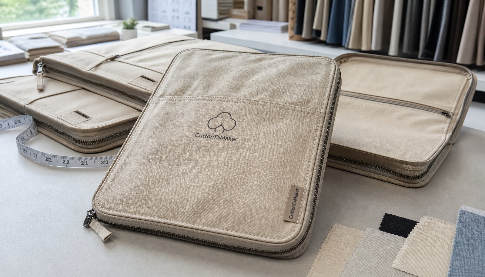Custom canvas zipper portfolios for gift shops with visible fabric, zipper, and stitching details