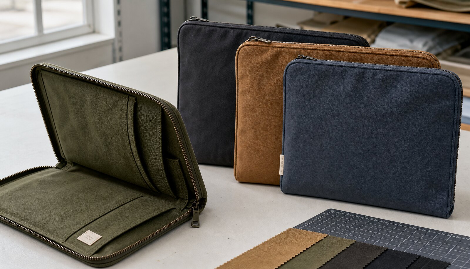 Custom canvas zipper portfolios with a small CTM/CottonToMaker sewn side label photographed in a factory sample room