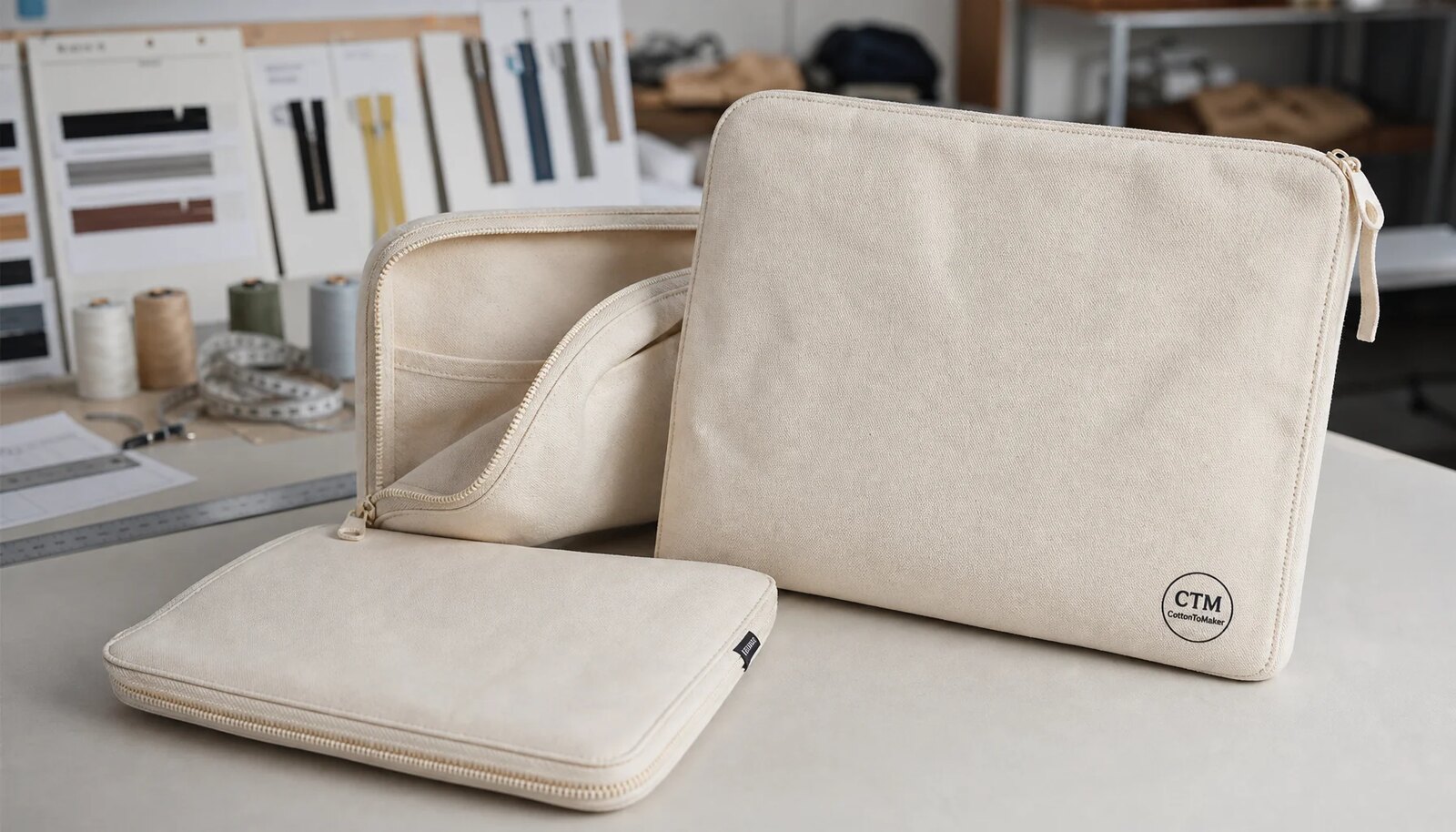 Custom natural canvas zipper portfolios with printed logo, zipper cards, and fabric swatches in a sample room