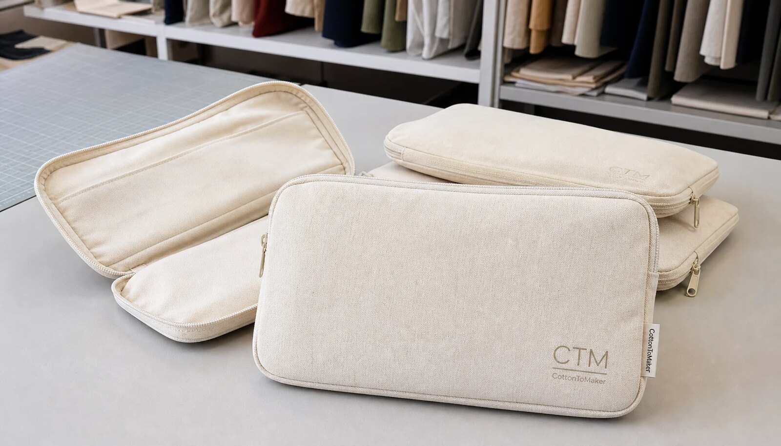 Custom natural canvas zipper portfolios with CTM logo and woven CottonToMaker side label in a factory sample room