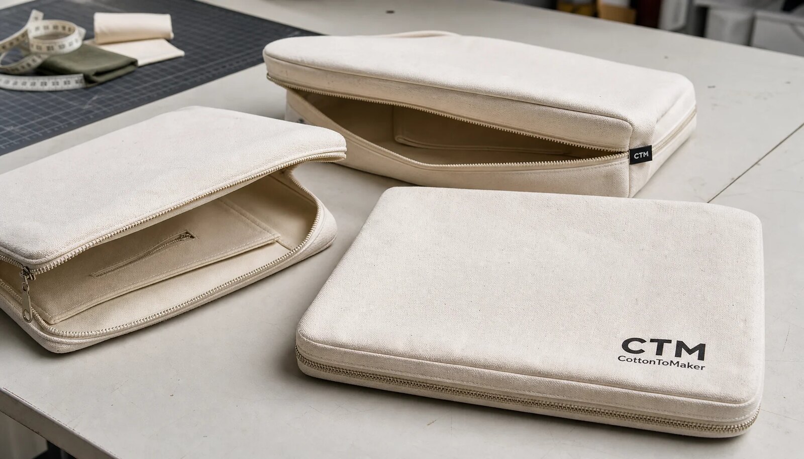 Natural canvas zipper portfolios with CTM sample logo printed on the front panel