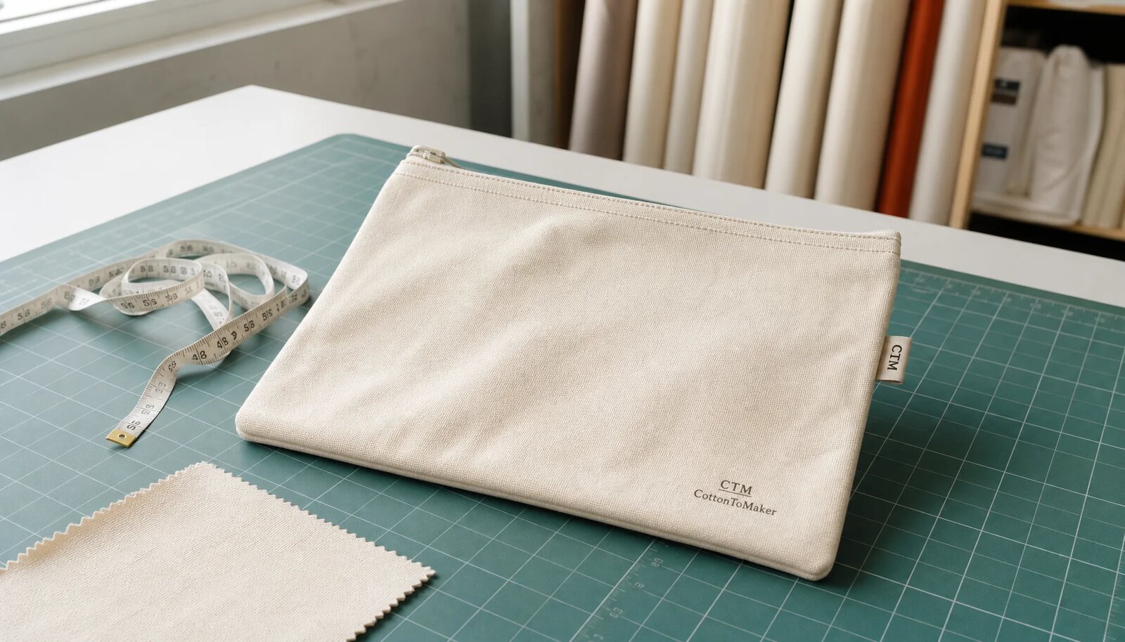 Canvas zipper portfolio with a simple CTM logo printed on the front panel in a factory sample room