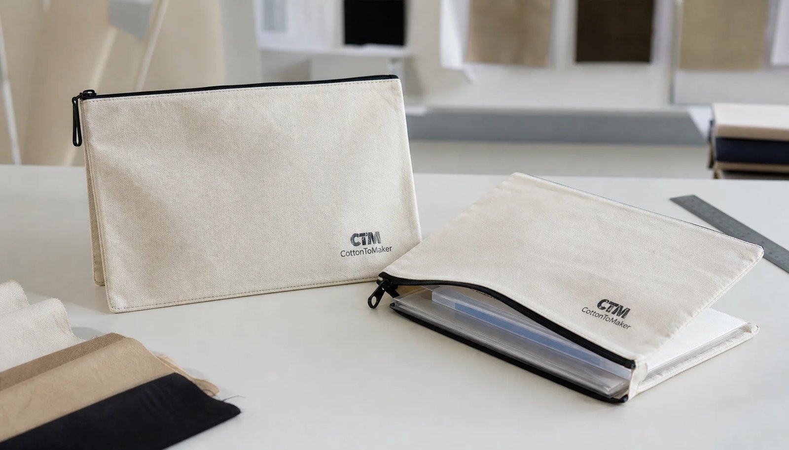 Custom canvas zipper portfolios with CTM sample logo printed on the front panel in a clean factory sample room